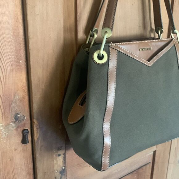 Michael Kors Raven olive green canvas tan leather satchel shoulder bag NWT - Picture 4 of 12